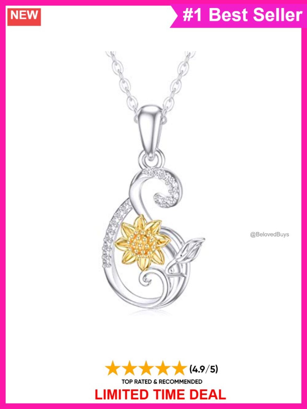 14k Real Gold Sunflower Infinity Necklace You Are My Sunshine 16-18" Chain